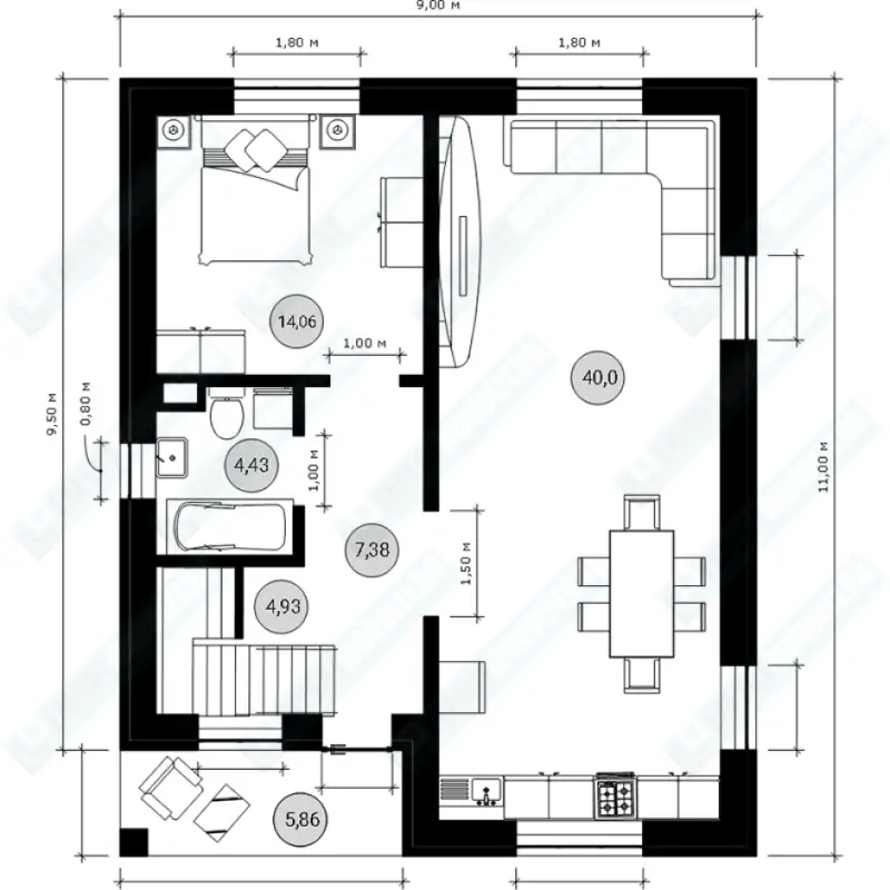 Монолитный частный дом ДМР-02 - план первого этажа